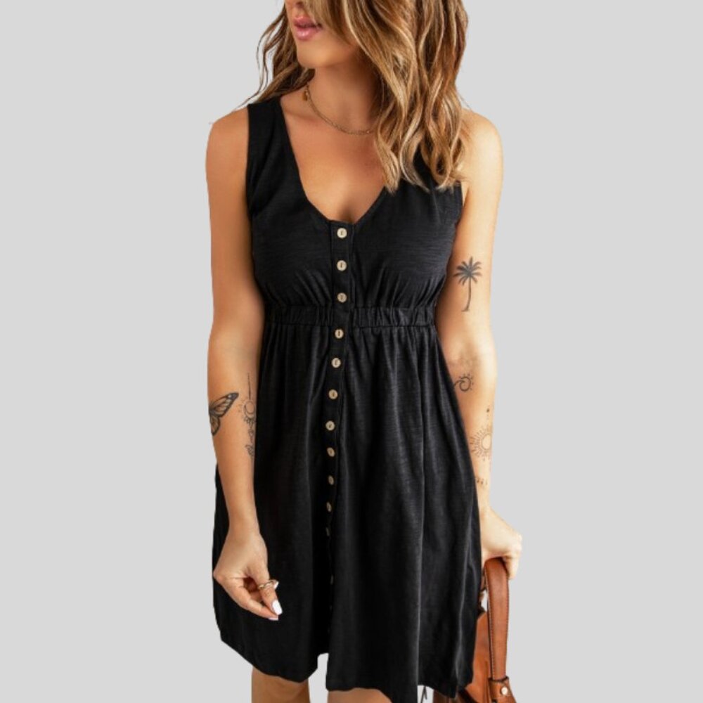 Front Wood Button Midi Dress - Color Black